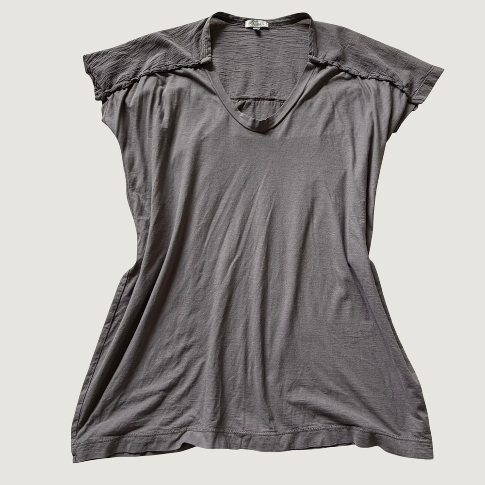 Clu Taupe Grey Cotton Scoop Neck Tee Mixed Media S Casual Minimalist Made In USA